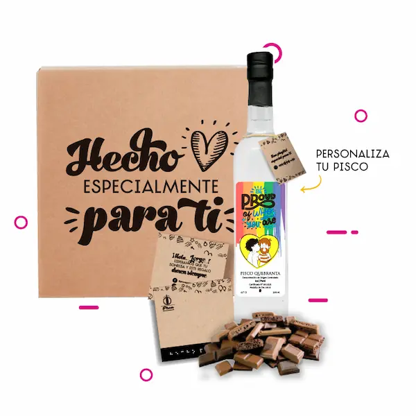Regalos personalizado con temática lgbt con pisco, chocolate y caja